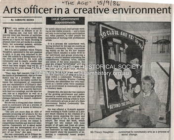 Newspaper - Newsclipping, Arts officer in a creative environment by Carolyn Rance, The Age, 15 Sep. 1986