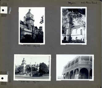 4 photos on a page - different views of a big old mansion with a 4 storey tower, verandah, balconies and garden