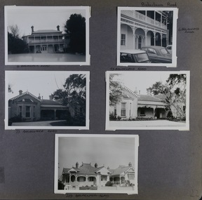 5 photos on page - 2 photos each for two old houses.  One is 2 storey with cars out the front and the other one storey.  5th photo is of a different old house.  Addresses are handwritten for each one.