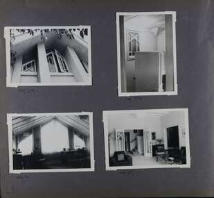 4 photos on page - one is of a large decorated window ajar on the upper level;  one is inside of a small decorated window near a room corner;  an inside view of a large triangular window;  and a wide view of a furnished room including sofa and chairs, looking towards stairs through the open glass decorated doors