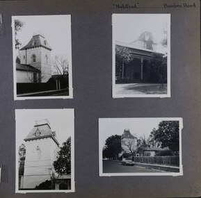 4 photos on page - 4 different views of the old house's tower including one from the street with a parked car, showing some garden
