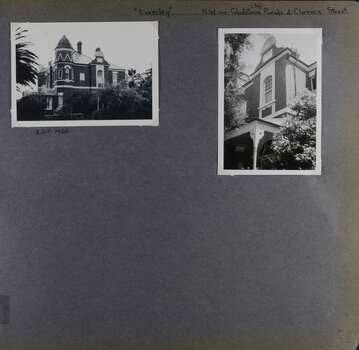 Two photos on page - one view of the corner and 2 sides of an old 2-storey mansion and one view of an upper level from the garden