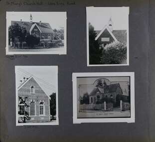 4 photos on page - one view of this old large building in its garden, one close-up view of the front roof and its small bell tower, one view of the side wall and one photo of a photo of the same large building but with shorter trees and different fence.