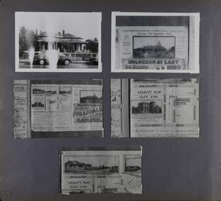 5 photos on page - 1 is of a house with a verandah and a car out the front, the other 4 are partial views of a real estate ad with maps and photos.
