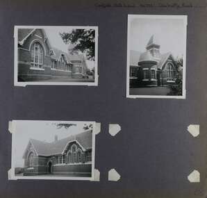 3 photos of a substantial brick building including arched windows and a tower - 1 full view of this side along with 2 closer views of each end