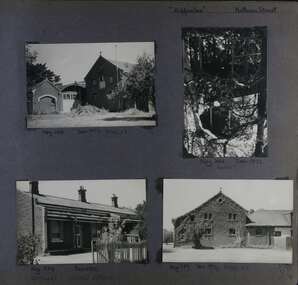 4 photos - 2 different views of large old brick stables, one view of a lookout open-walled building in the garden and one view of 3 small adjoining cottages.