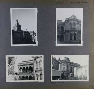  4 photos - different views of an old mansion showing its tower, verandahs and windows