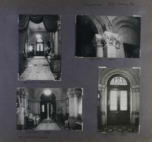 4 photos - 4 interior views of a grand hallway including closeup of a column detail