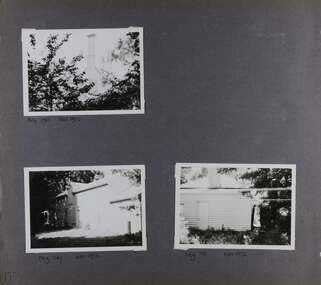 Three views of outbuildings including a large chimney