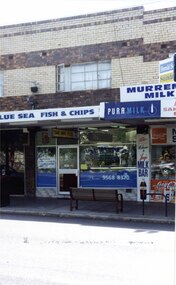 2 storey brick shop and dwelling with several signs including the sign "BLUE SEA FISH & CHIPS", with other similar shops to either side.  Large street seat on the footpath in front of the shop.