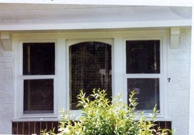 Set of 3 white-framed windows amidst white wall, with a line of brown bricks underneath and a white ledge above.  In front of the window is the top of a bush. 