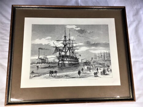 A framed copy of an engraving of the 'HMVS Nelson' in the New Graving Dock in Williamstown Victoria, 1868