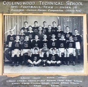 Photograph:  CTS 1945 Football team (Under 16), Photograph Collingwood Technical School 1945 Football team (Under 16) Premiers Curtain Raiser Competition (Victoria Park)