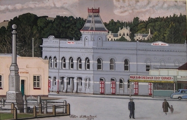 watercolour painting, Fire Station and Town Hall, Creswick, 1959