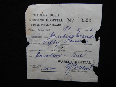 Document - Receipt from Warley Bush Hospital, 1962 approx