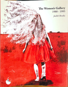 A woman with her back to us stands on a red field with her upper body against a white sky. Her head and upper torso are covered by a white veil that spreads out to cover the sky on the left. Black text appears on the right .