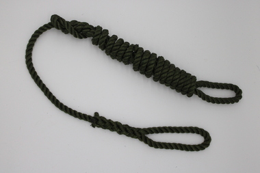 Green twisted length of polyester rope with a loop at each end.