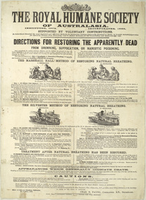 Black ink on yellowed silk, reveals the ways in which the Royal Humane Society of Australasia promoted the idea of resuscitation, or as they called it, 'restoring the apparently dead'.