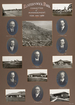 Compilation of sixteen gelatin silver photographs related to Elsternwick Park including landscape shaped photos of exteriors and oval portrait photographs.