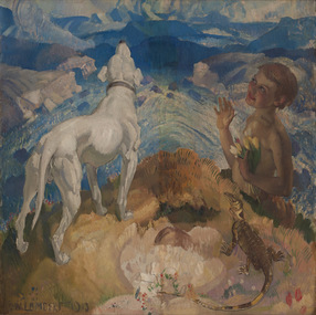 Mountain landscape with white dog, lizard and figure depicting a child looking out over a valley to distant blue mountains.