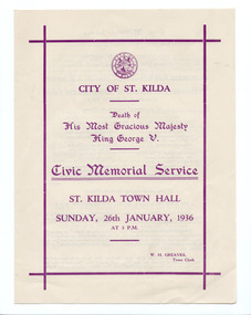 Ephemera - Special event program, Death of His Most Gracious Majesty King George V, Civic Memorial Service, 1936