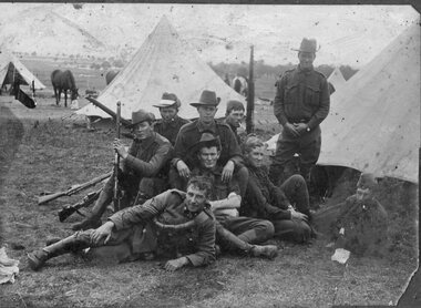 Photograph, WW 1 soldiers in Camp in Australia.with Sergeant James Sumner in front with no hat & KIA 1914-1918