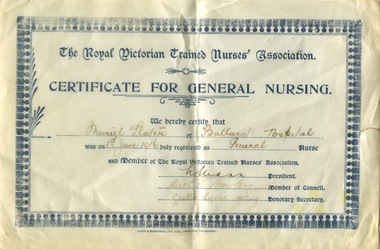 Muriel Slater, Certificate for General Nursing, 1st June 1916