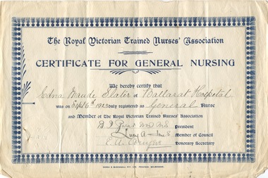 Edna Slater, Certificate for General Nursing, September 1923 & Nurse Registration, Victoria, 1926