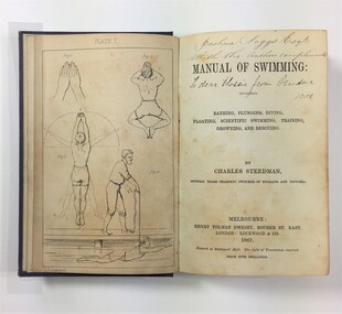 Book open showing black line drawings, by O.R Campbell, of two hands placed flat side by side and four figures in various positions for swimming and rescue. Also shows the title page with handwritten inscriptions, including possible inscription by the author.