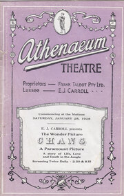 Theatre Program, Cass & Clothier (Printers), Chang (film) : A Drama of the Wilderness screened at the Athenaeum Theatre in 1928, 28/01/1928