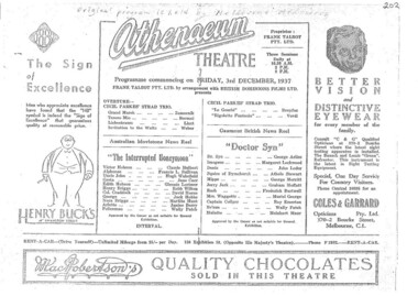 Theatre program, Cass & Sons, The Interrupted Honeymoon / Doctor Syn (films) shown at the Athenaeum Theatre in 1937, 1937