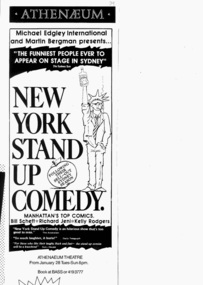 Theatre Advertisement, New York Stand Up Comedy (comedy) Michael Edgley and Martin Bergman performed at the Athenaeum Theatre commencing January 28 1986