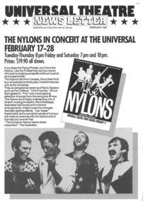 newsletter, The Nylons in Concert (musical) by Nylons performed at the Universal Theatre commencing 17 February 1987, Febuary 1987