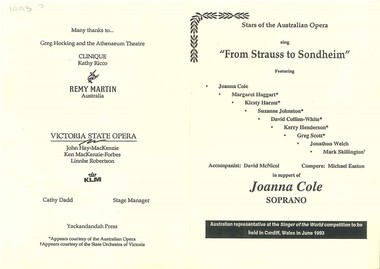 Theatre Program, From Strauss to Sondheim (musical) performed by the stars of Australian Opera at the Athenaeum Theatre, circa 1993