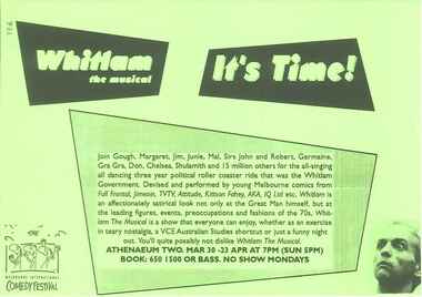 Theatre Flyer, Whitlam - The Musical (comedy) performed at Athenaeum Theatre Two commencing 30 March 1995 as part of Melbourne International Comedy Festival 1995