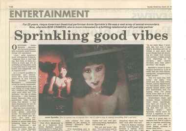 Newspaper review, Annie Sprinkle - Post Porn Modernist (performance) commencing 2 April 1996 at Athenaeum Theatre as part of Melbourne International Comedy Festival