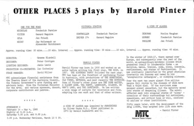 Theatre Program, Other Places: One for the Road / Victoria Station / A Kind of Alaska (3 plays by Harold Pinter) performed by Melbourne Theatre Company commencing 14 February 1985 at Melbourne Athenaeum 2