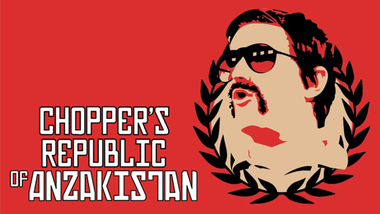 Poster, Chopper's Republic of Anzakistan (Heath Franklin is an Australian comedic performer, improviser and writer) performing 23 March to 3 April 2016 at Melbourne Athenaeum Theatre as part of Melbourne International Comedy Festival