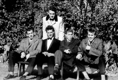 Photo, K Bizjak, M Abram, S. Hartman, K Strancar, S Kregar after Mass, early 1960s