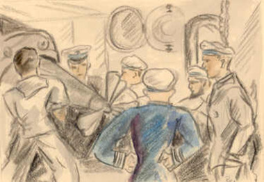 Sketch - Pastel, Georg Rosenkranz, Loading a torpedo on Kormoran, 1941/2