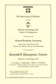 Invitation, Invitation to the ground Breaking ceremony for the Proposed Greenhill Enterprise Centre, 1996