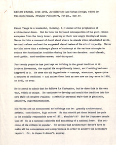 Document - Manuscript, Robin Boyd, Kenzo Tange, 1946-1969, 1971