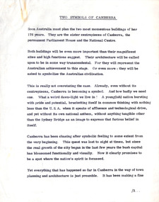 Document - Manuscript, Robin Boyd, Two Symbols of Canberra, 1964
