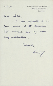 Letter, Vice-Chancellor, Monash University, Vice-Chancellor, Monash University to Robin Boyd, 12.06.1971