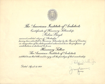 Certificate, Honorary Fellowship to American Institute of Architects, 1960