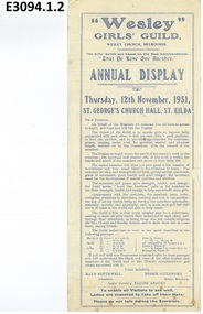 Programme, Wesley Girls' Guild, Wesley Church, Melbourne Annual Display