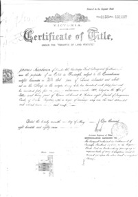 Deed document of Finnish Society of Melbourne, Office of titles Victoria, 1889