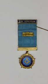 medal on blue grograin ribbon with a metal bar at top with a pin 