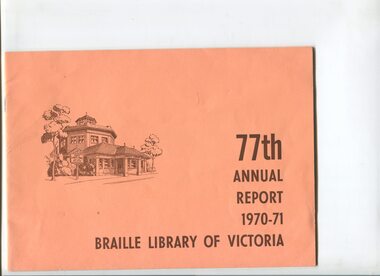 Illustration of Braille library building in brown on peach coloured cover