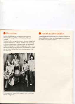 Overview of recreation and hostel services and image of RBS rock band